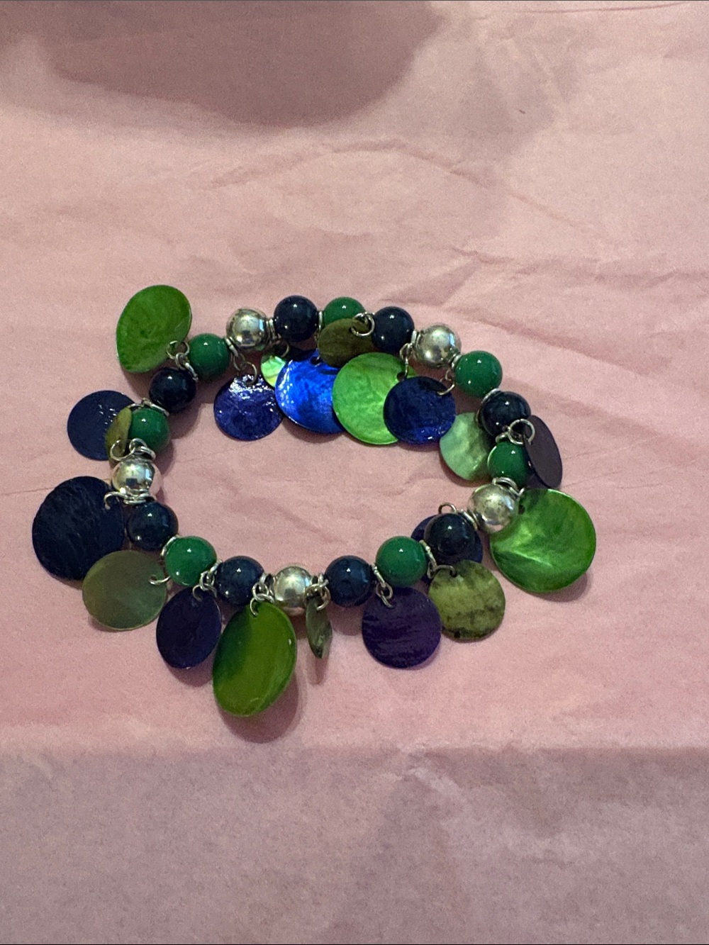 Beaded Disc Charm Bracelet - Green & Blue
